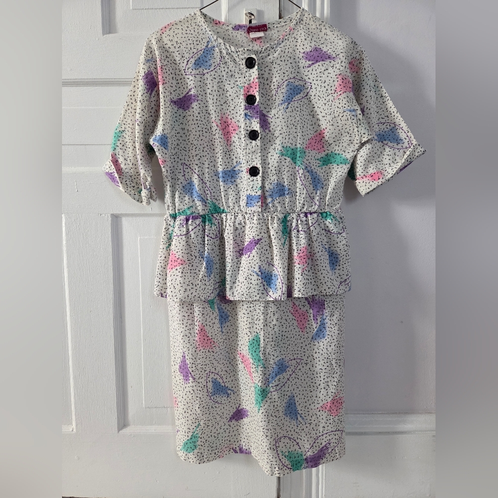 Vintage 80's Peplem Party Pattern Button-Down Dress